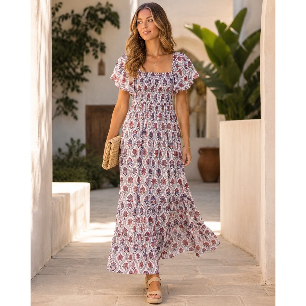 Sachin & Babi Danni Maxi Dress M Smocked Cotton Block Print Tiered Resort